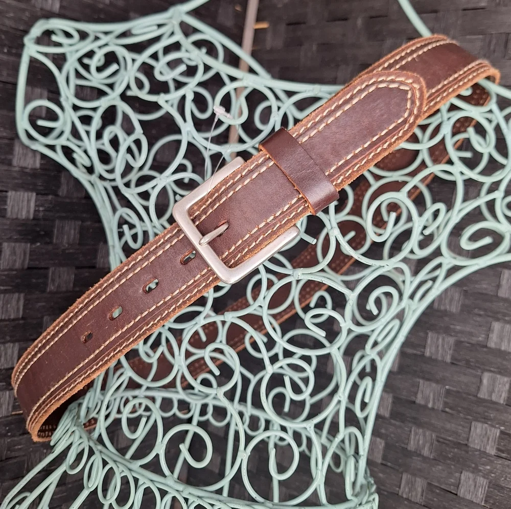 Genuine Leather Belt Wide Western Cowboy Metal Belt Buckle Thick Boho Casual 34 - Picture 7 of 15